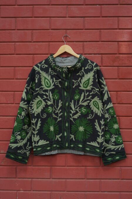 Womens Black Velvet Embroidered Jacket with Floral Design